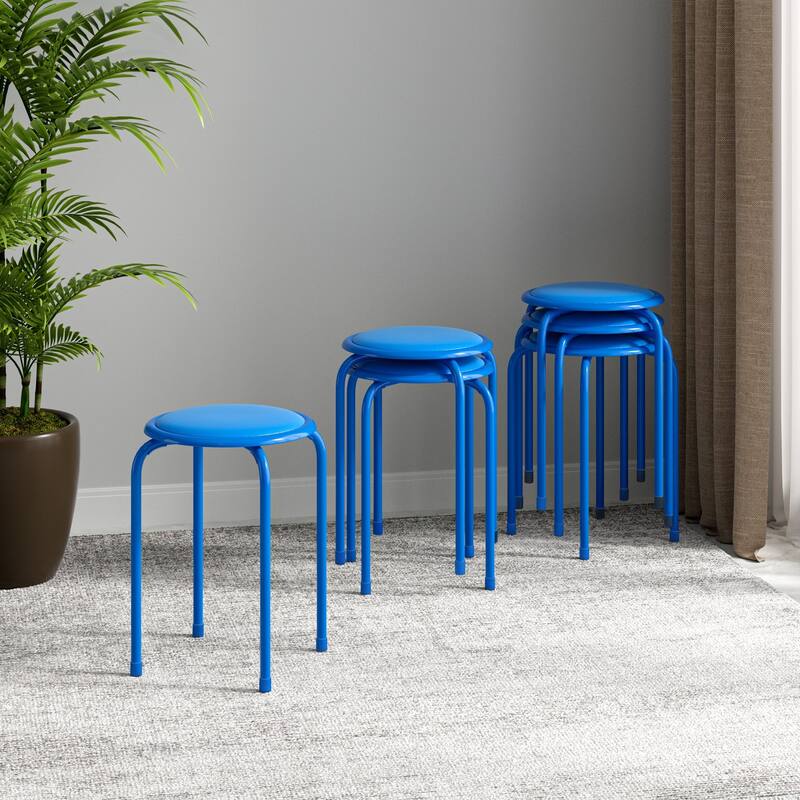 Javlergo Set of 6 Stackable Backless Stools PVC Padded Round Seats with Metal Frame Indoor Outdoor Use for Kitchen Livingroom - Blue