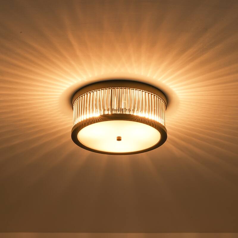 12.20 in. 3-Light Modern Industrial Round Drum Flush Mount Ceiling Light with Clear Glass Rods