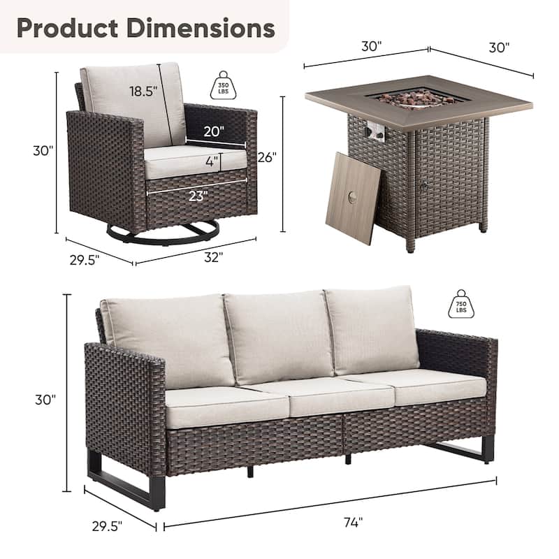 4 Pieces Fire Pit Table with Sofa Swivel Chair Set