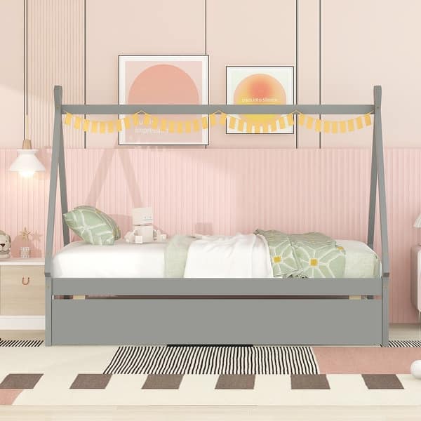 slide 2 of 27, Twin Size Montessori Bed with Trundle, Wood Tent Floor Bed Frame, Twin Kids Bed with Slat Support for Boys,Girls, Easy Assembly Grey - Twin