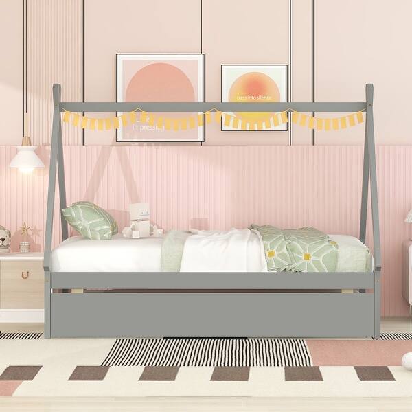 slide 2 of 9, Twin Size Tent Floor Bed Teepee Bed Frame w/Pull-Out Trundle Bed, Gray Gray - Twin