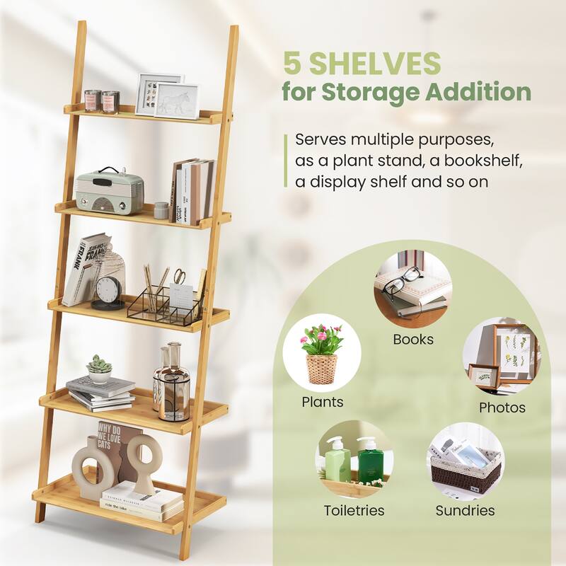 Gymax 5-Tier Bamboo Ladder Shelf Wall-Leaning Bookshelf Display