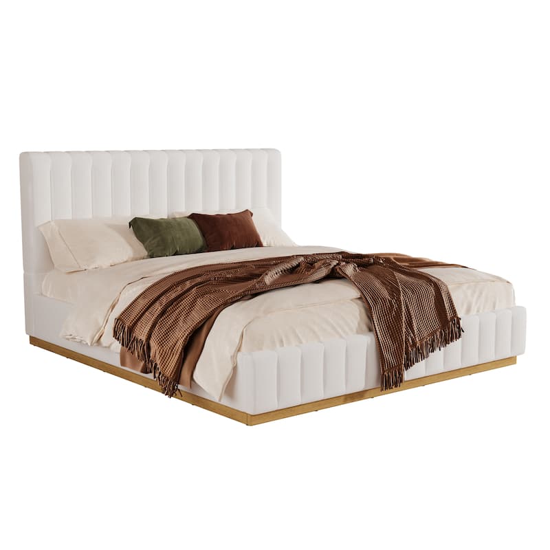 Beige Platform Bed Frame Stripe Linen Thick Upholstered Headboard Footboard, Solid Wooden Base Frame