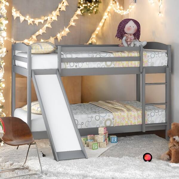 slide 2 of 15, Low Bunk Beds with Ladder,Twin over Twin Bunk Bed with Convertible Slide and Ladder Gray