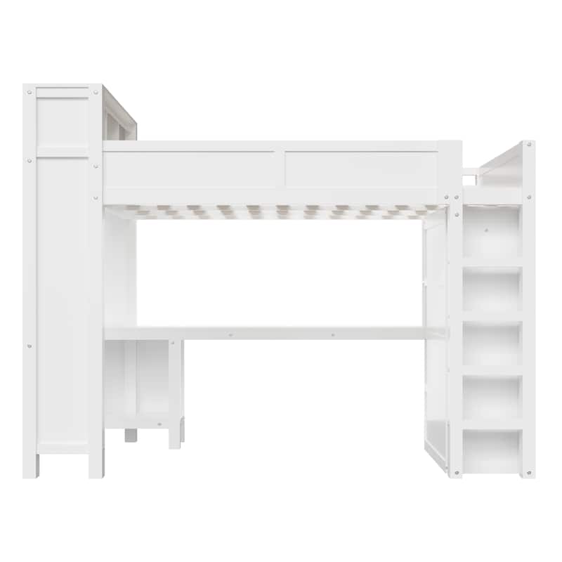 Heavy-Duty Loft Bed Queen Size Loft Frame with Wardrobe Desk USB