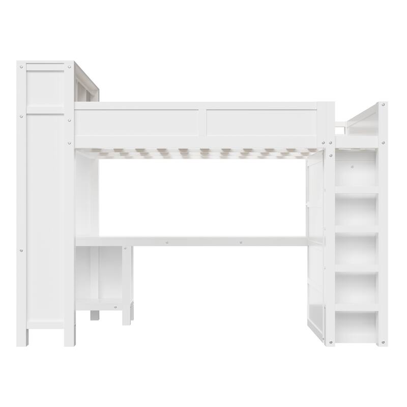 Roomfitters Queen Loft Bed with Wardrobe, Desk, Storage Headboard and USB