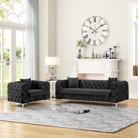 Morden Fort Modern Contemporary Chair and Sofa Set with Deep Button Tufting Dutch Velvet, Solid Wood Frame and Iron Legs