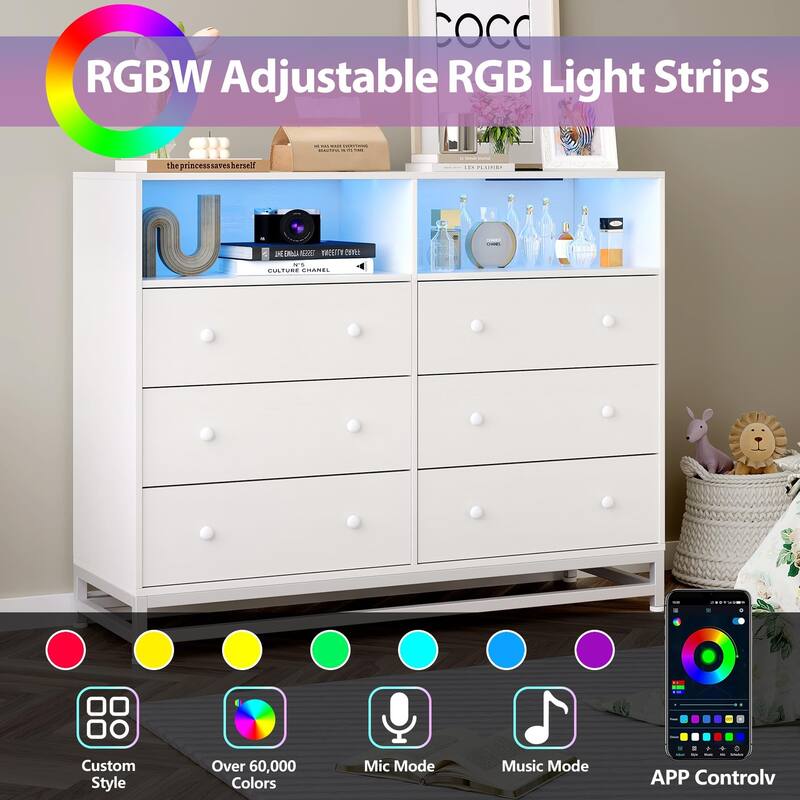 6-Drawer Double Dresser for Bedroom, Wooden TV Stand with LED Lights & Power Outlet, Storage Cabinet for Closet