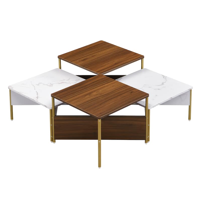 Modern Nesting Coffee Table Set of 4, Square Accent Tables with Adjustable Shape, Marble Finish & Metal Legs