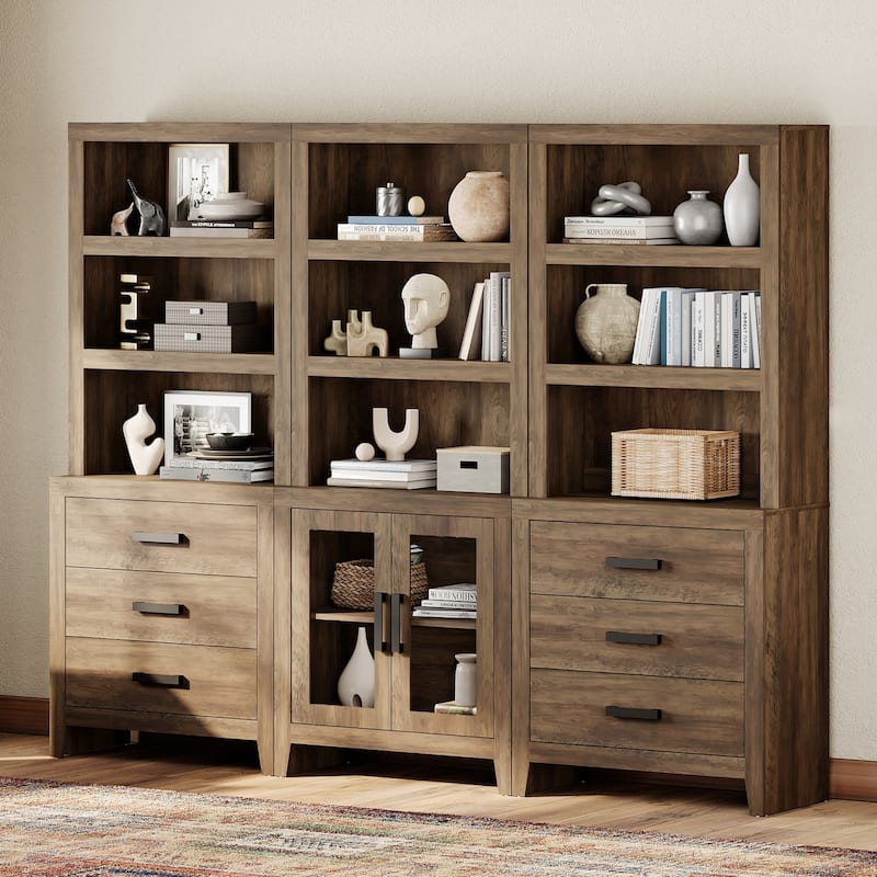 WAMPAT 74" Tall Bookshelf with Glass Doors and Drawers, 3-Tier Farmhouse Storage Cabinet - Brown