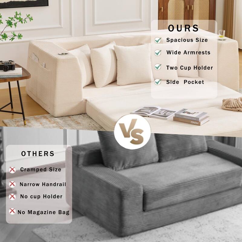 2 in 1 Convertible Sofa Bed, Sleeper Sofa with Storage Pockets, Pull Out Loveseat Couch with Two Cup Holders