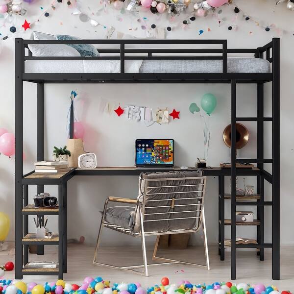 slide 2 of 13, Full Size Metal Loft Bed with Desk,Shelves,Ladder