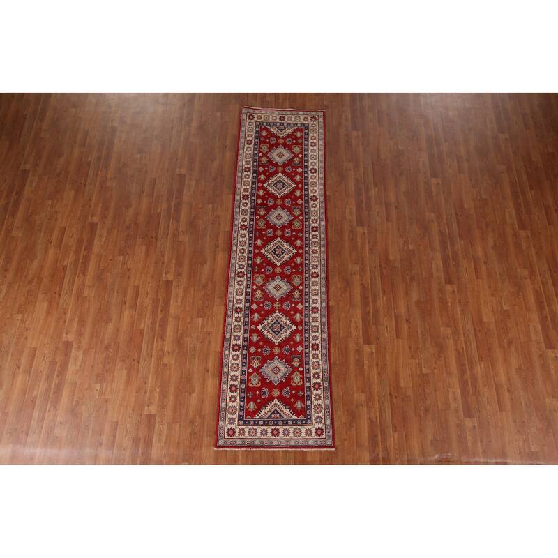 Red Geometric Kazak Runner Rug Hand-Knotted Wool Carpet - 2'7" x 9'8"