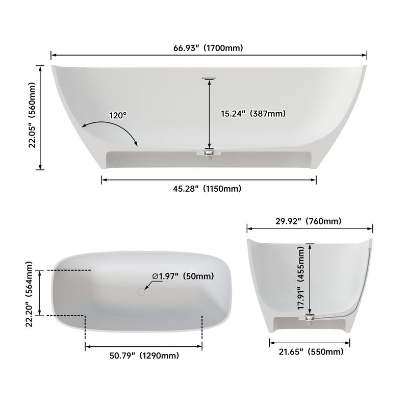 MEDUNJESS 67'' Freestanding Bathtub Solid Surface Soaking Tub