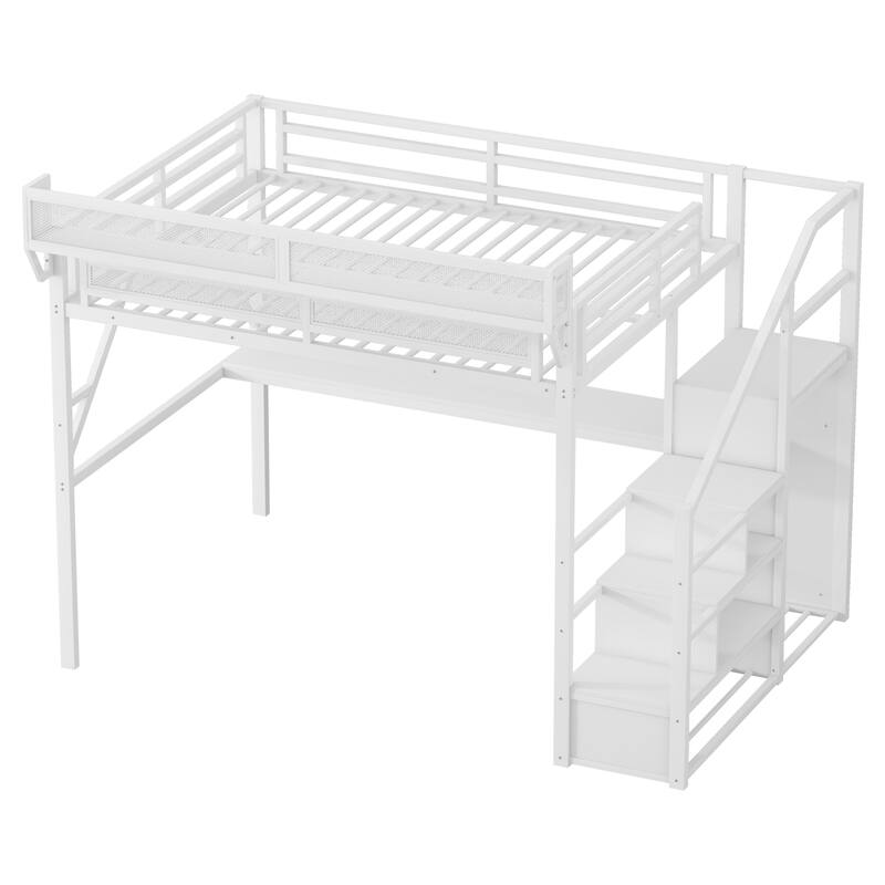 Queen Loft Bed with Desk and Charging Station, Queen Size Metal Loft Bed with Stairs and Light for Kids Teens