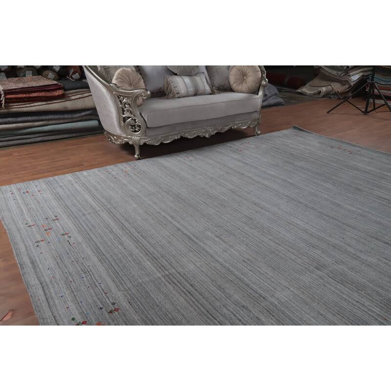 Hand Knotted Oriental 100% Wool Carpet Tribal Stripe Greys & Charcoal Gabbeh Area Rug - 12' 0'' X 9' 9''