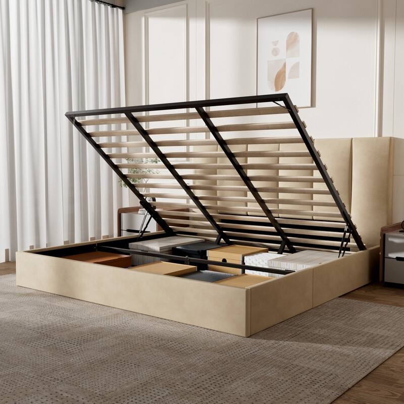 Modern Upholstered Lift-Up Storage Platform Bed with Headboard