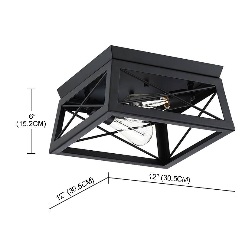 2-Light Black Metal and Wood Flush Mount