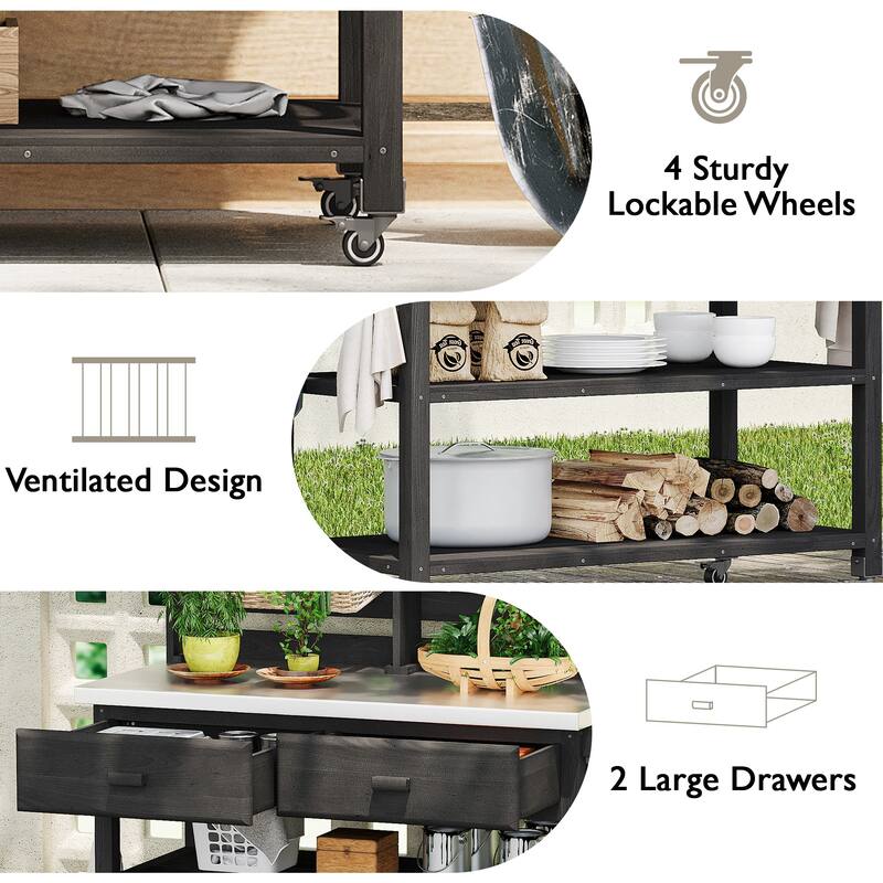 64.9"H Outdoor Potting Table with Lockable Wheels,Solid Wood Kitchen Island with Upper Hutch,Stainless Steel Top,Towel Rack