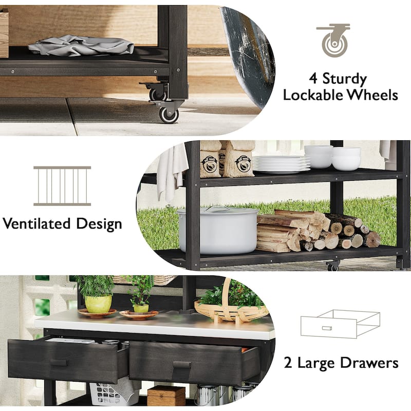 Outdoor Potting Bench Table with Lockable Wheels Solid Wood Kitchen Island and Stainless Steel Top