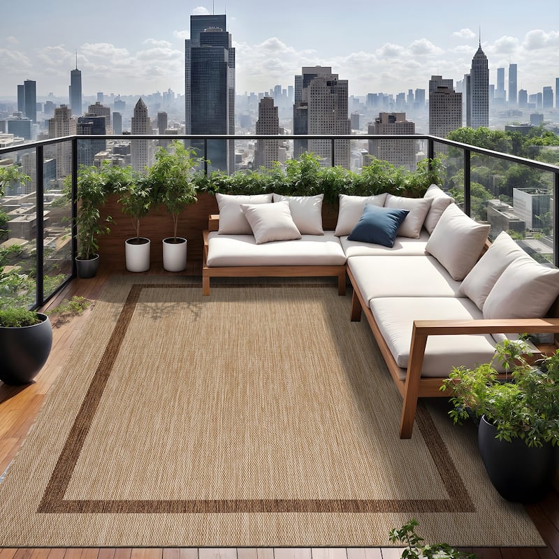 Beverly Rug Modern Bordered Indoor Outdoor Rug, Outside Carpet for Patio, Deck, Porch
