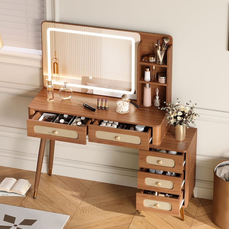 Retro Rattan Makeup Vanity Desk with 5 Drawers and Storage Shelf, Dressing Table with Rectangular Mirror and Touch Light