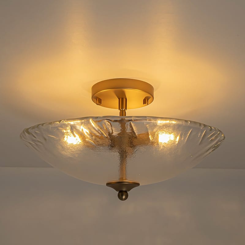 Mid-Century Brass Round Glass Bowl Semi Flush Ceiling Light 15in