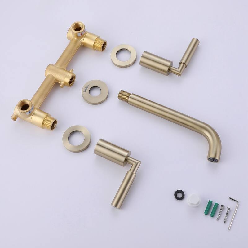 Brushed Gold Round Double Handle Wall Bathroom Faucet