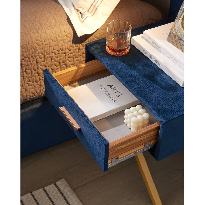 Velvet Upholstered Bed Frame, Wingback Headboard Platform Bed with LED Side Lights & Nightstands, No Box Spring Needed