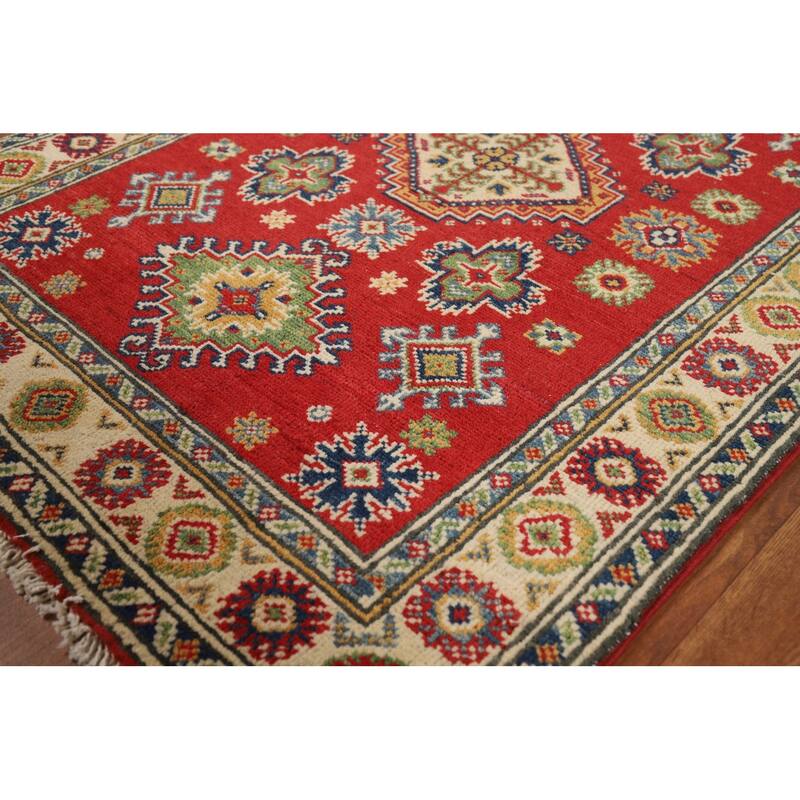 Red Kazak Foyer Rug Traditional Handmade Geometric Wool Carpet - 2'8"x 3'11"