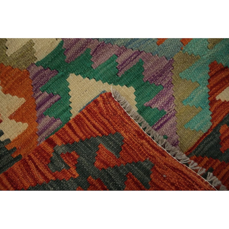 Hand Woven Oriental 100% Wool Carpet Southwestern Geometric Oranges & Rust Kilim Runner Rug - 9' 8'' X 2' 10''