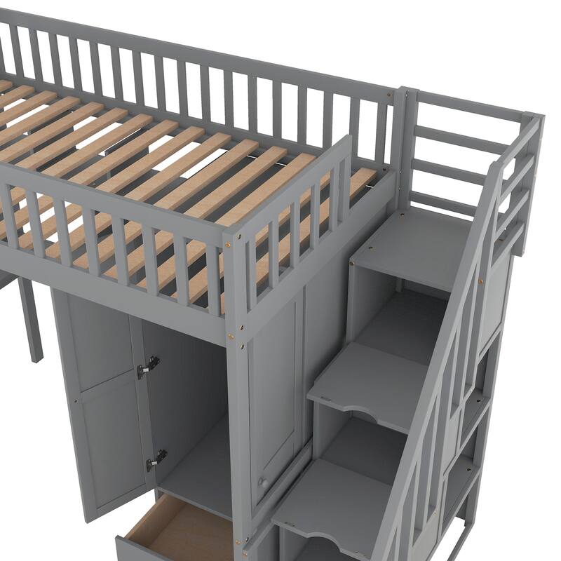 Loft Bed with Bookshelf,Drawers,Desk,and Wardrobe