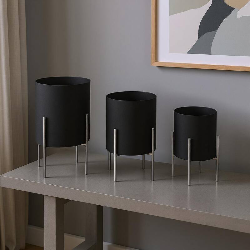 HomeRoots Set of Two Black Metal 20 Ounce Round Pot Planters - 15.00 in. x 24.50 in. x 15.00 in. - Black - 15.00 in. x 24.50 in.  x 15.00 in.