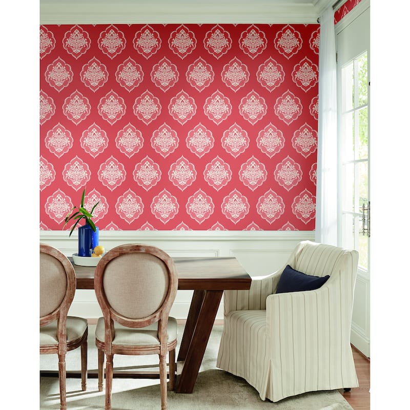 Fremont Coral Sure Strip Prepasted Damask Signet Medallion Dam Wallpaper Covers about 60.75 sq. ft.