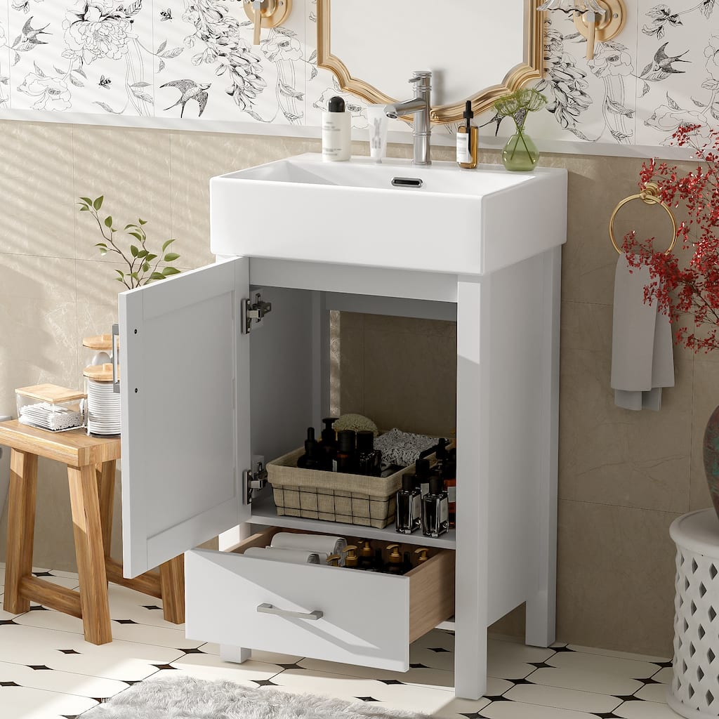 20.28'' White Modern Bathroom Vanity with Ceramic Sink, Solid Wood Frame, and Drawer - Ideal for Small Bathrooms.