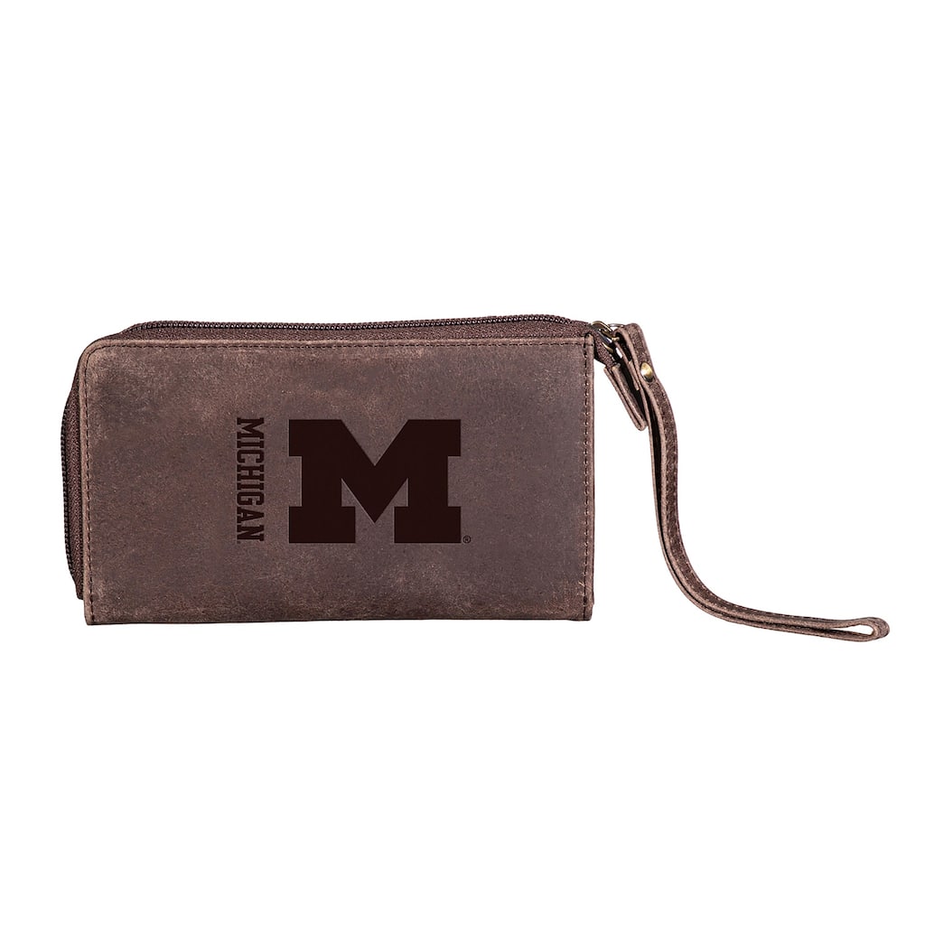 Brown Leather Cell Phone Wristlet Wallet, University Of Michigan - 4" x 7"