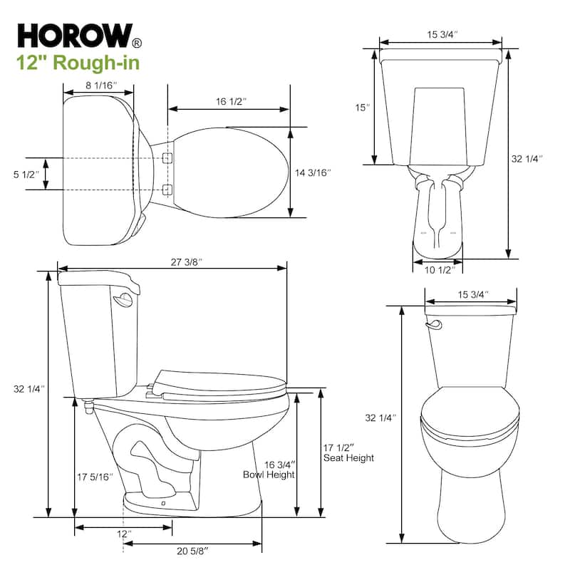 HOROW 2 Piece ADA Height Round Toilet White 1.28 GPF Strong Flush Quiet Soft Close Seat