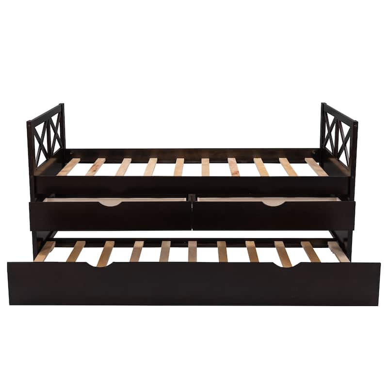 Espresso Rustic Style Multi-Functional Solid Pine Wood Daybed with Two ...