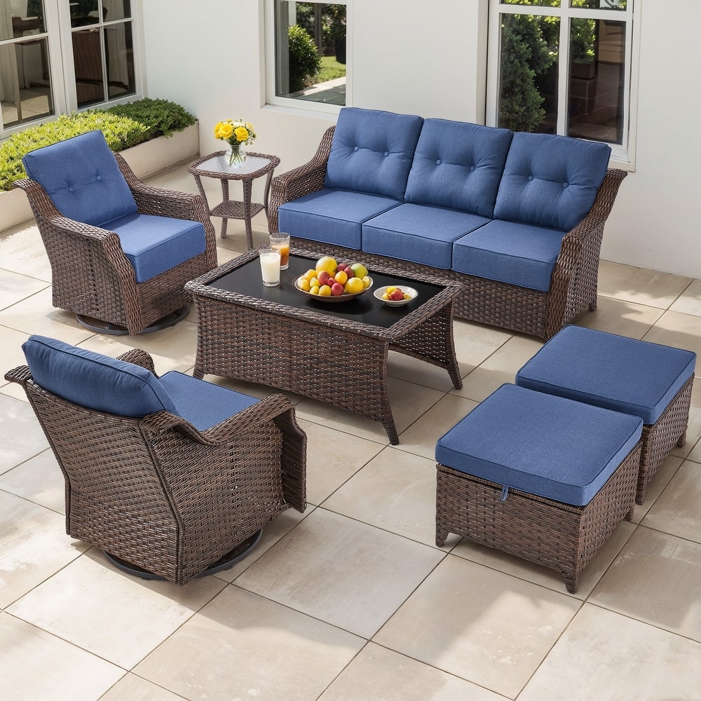 Gymojoy Wicker Patio Furniture Sofa Set, 6-Inch Ultra Thick Cushioned 360°Swivel Glider Chairs & Sofa Set
