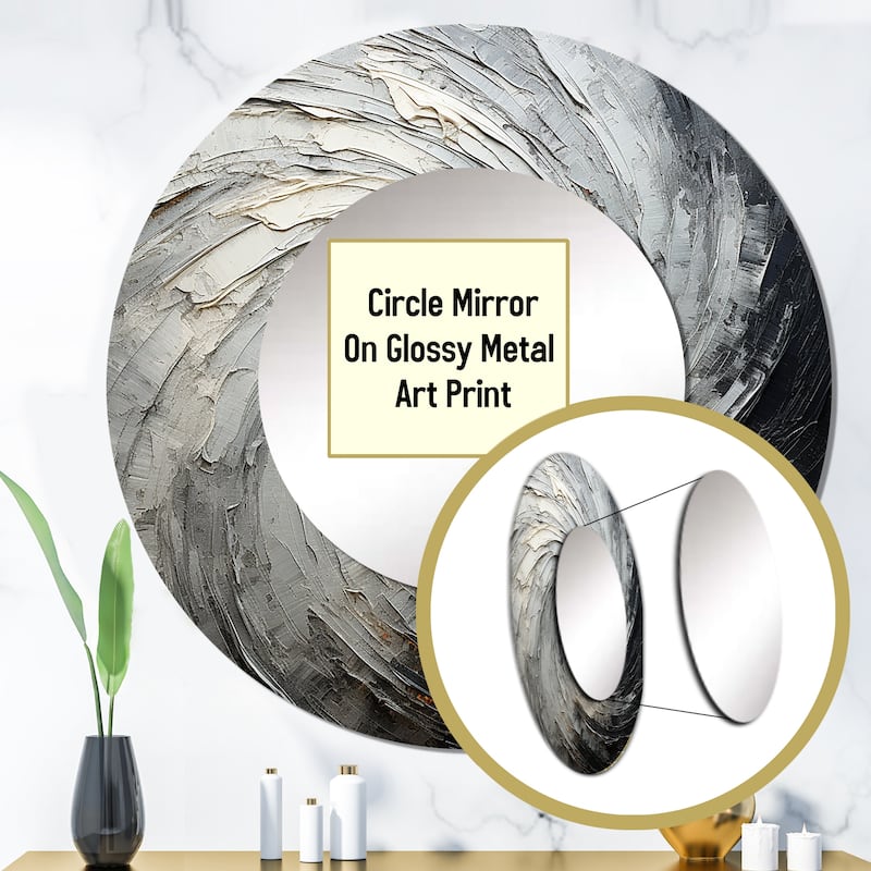 Designart "Grey Black Meditative Movement" abstract spirals Round Bathroom Mirror - grey Modern Round Wall Décor