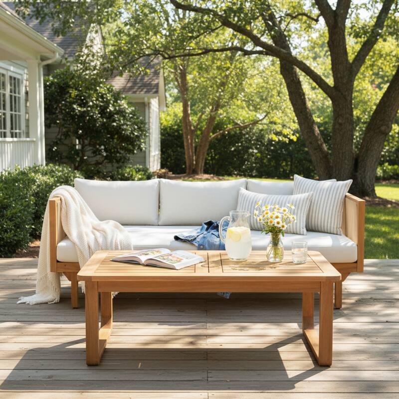 Christopher Knight Home Solenne Acacia Wood 3 Seater Daybed and Coffee Table with Cushion