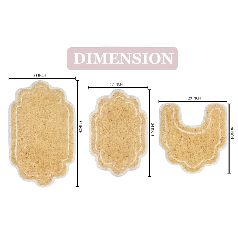 Allure Collection 100% Cotton Non-Slip Bathroom Rug Set, 3 Piece Machine Washable- Bathroom Rug, Bath Rug, U Shaped Contour