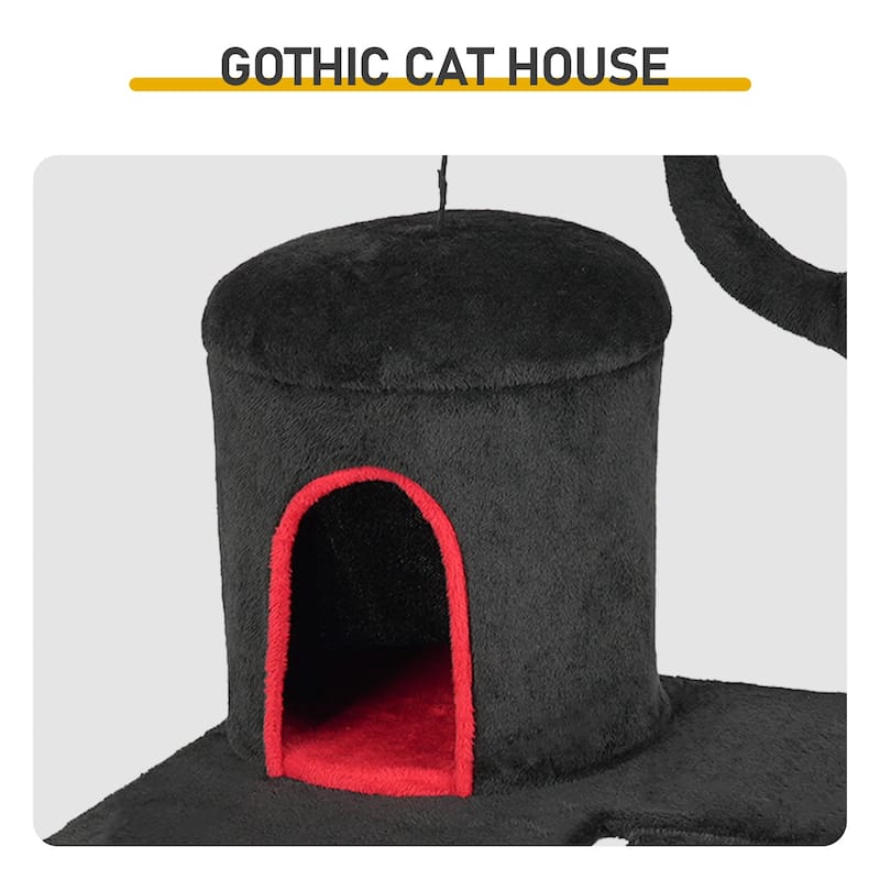 42" Gothic Cat Tree with Red Black Condo and Sisal Scratching Posts Ladder and Spider Toy