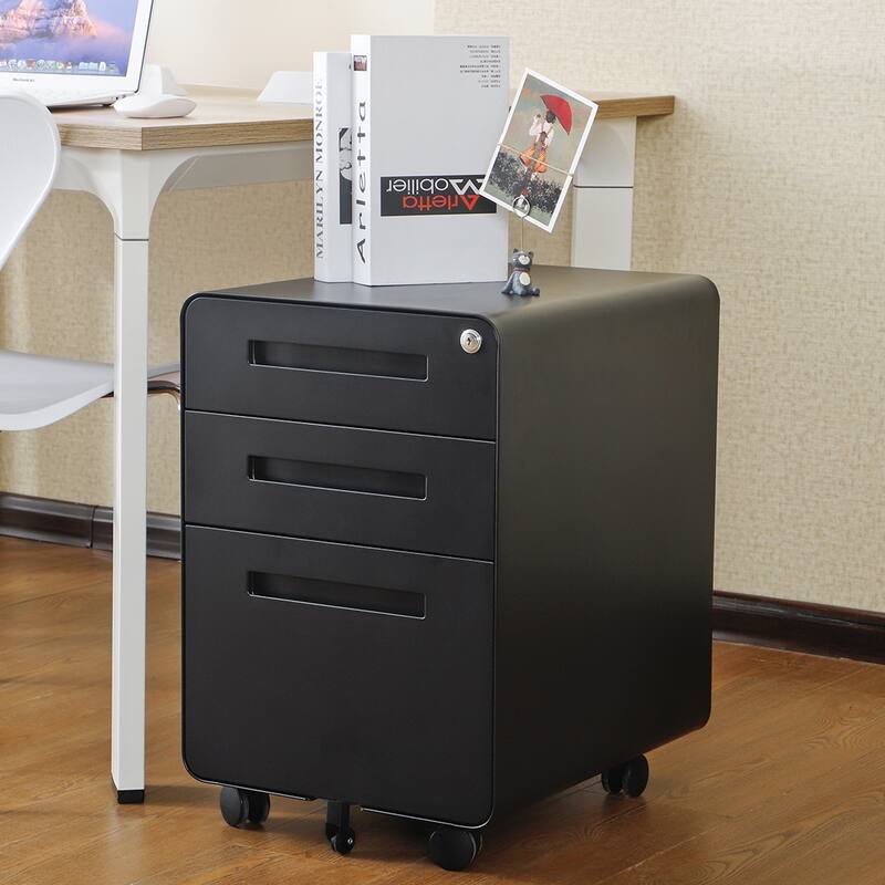 3-Drawer Locking Mobile File Cabinet with Wheels, Metal Home Office Storage Cabinet with Pencil Tray & Hanging Bars - Black