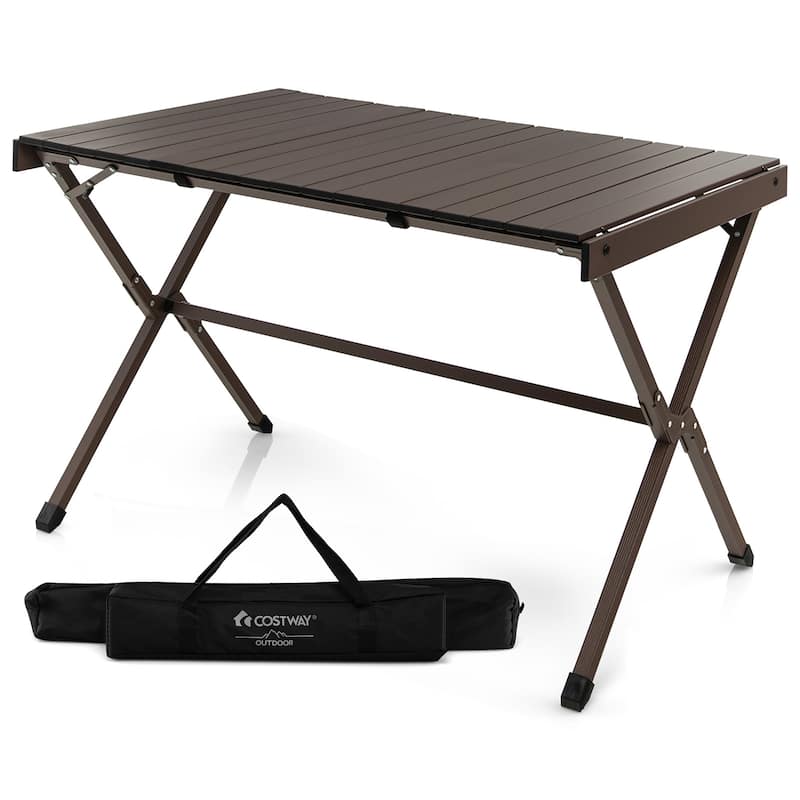 Costway 4-6 Person Portable Aluminum Camping Table Lightweight Roll Up - See Details - Brown