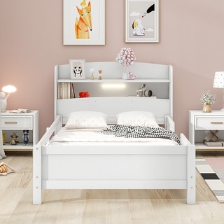 Wood Twin Platform Bed with LED Light, Storage Headboard, and Guardrails
