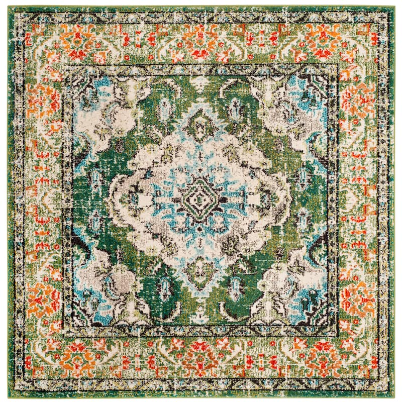 SAFAVIEH Monaco Oceane Boho Medallion Distressed Area Rug - 5' Square - Forest Green/Light Blue