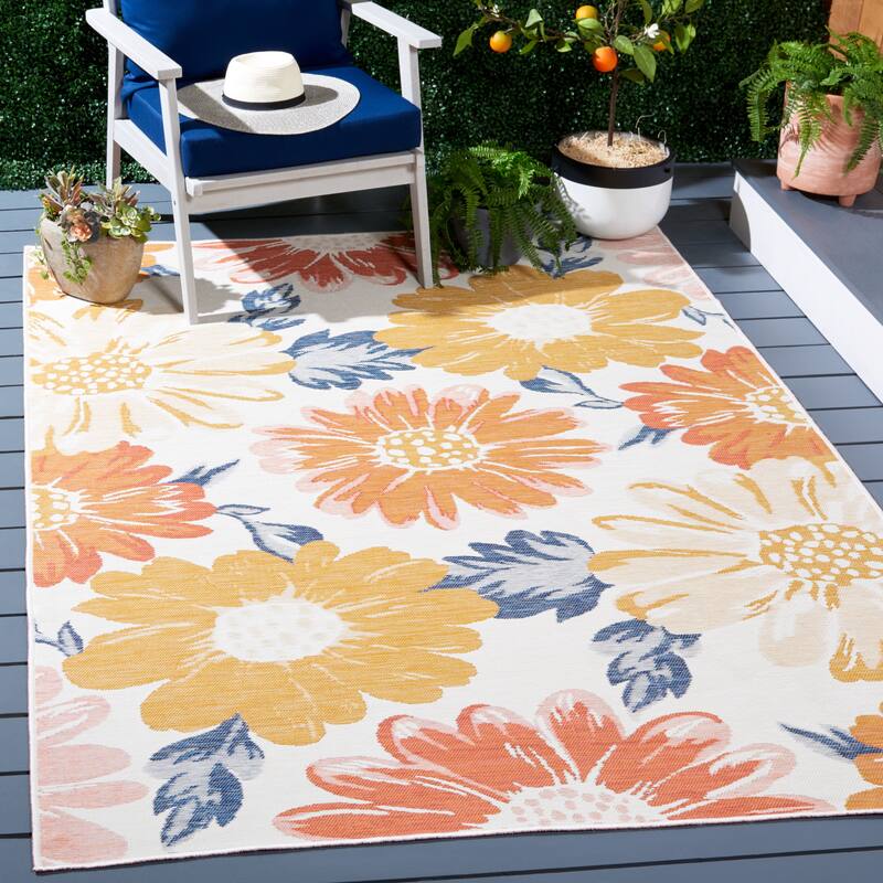 SAFAVIEH Sunrise Rosehilde Indoor/Outdoor Waterproof Rug - 6'7" Square - Ivory/Rust Gold