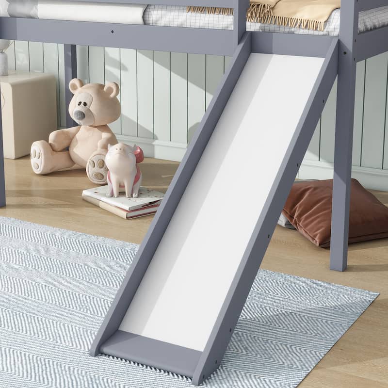 Twin Low Loft Bed with Slide, Ladder, Safety Guardrails, Rubber Wood Twin Loft Bed