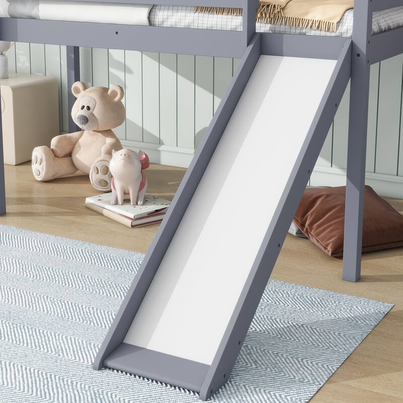 Twin Low Loft Bed with Slide, Ladder, and Storage Space, Rubber Wood Construction with High Guardrails for Safety
